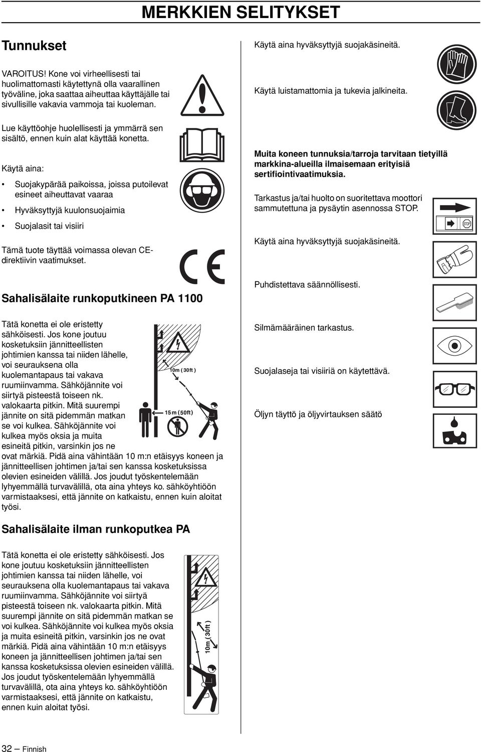 Käytä luistamattomia ja tukevia jalkineita. Lue käyttöohje huolellisesti ja ymmärrä sen sisältö, ennen kuin alat käyttää konetta.