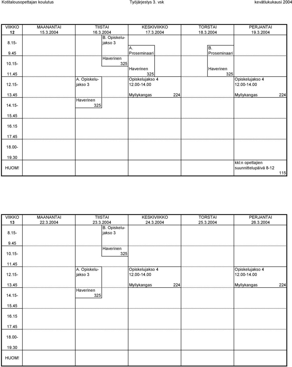 00 12.00-14.00 Myllykangas 224 Myllykangas 224 325 kkl:n opettajien suunnittelupäivä 8-12 115 13 22.3.2004 23.3.2004 B.