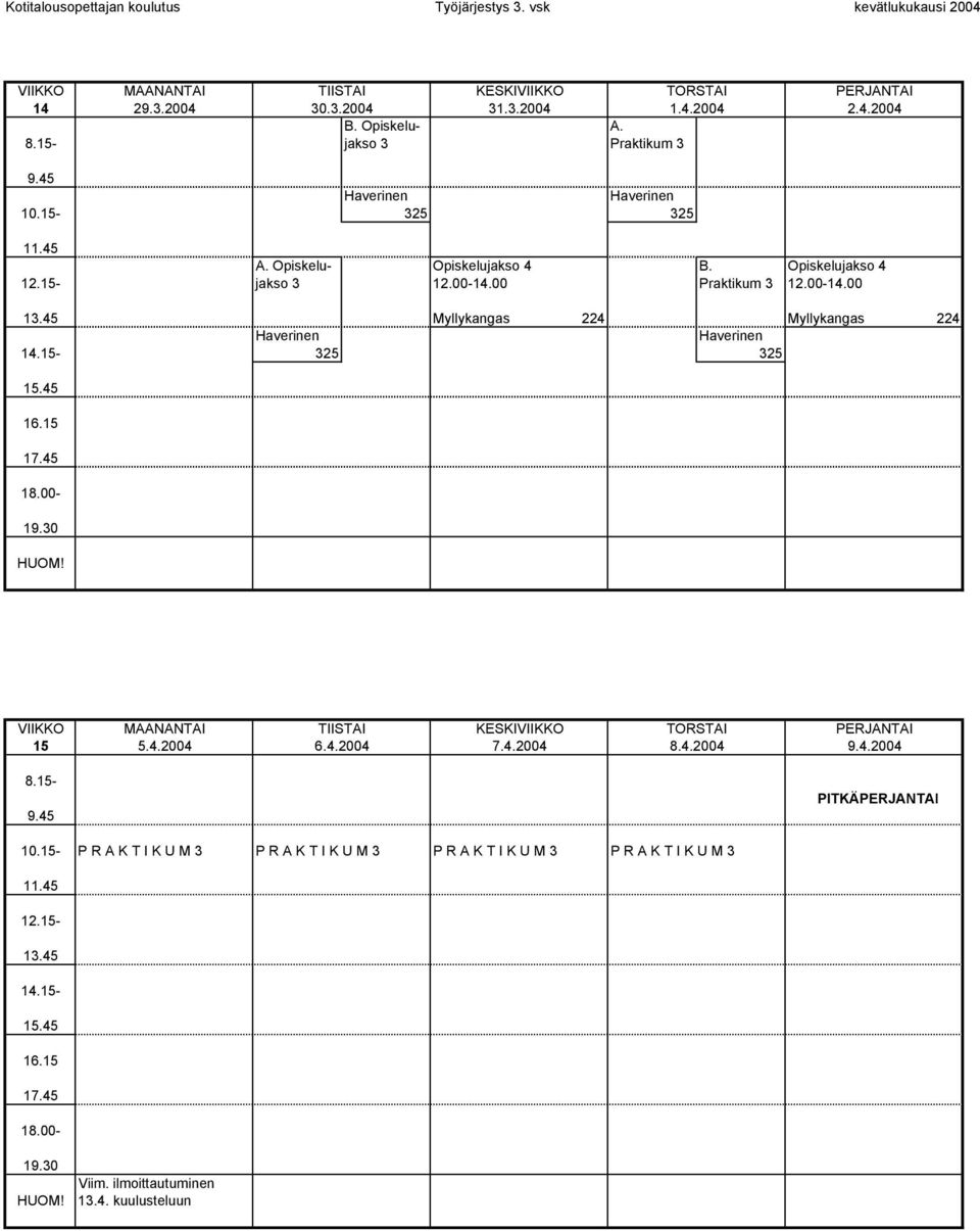 00 Praktikum 3 12.00-14.00 Myllykangas 224 Myllykangas 224 325 325 15 KESKI 5.4.2004 6.4.2004 7.4.2004 8.4.2004 9.