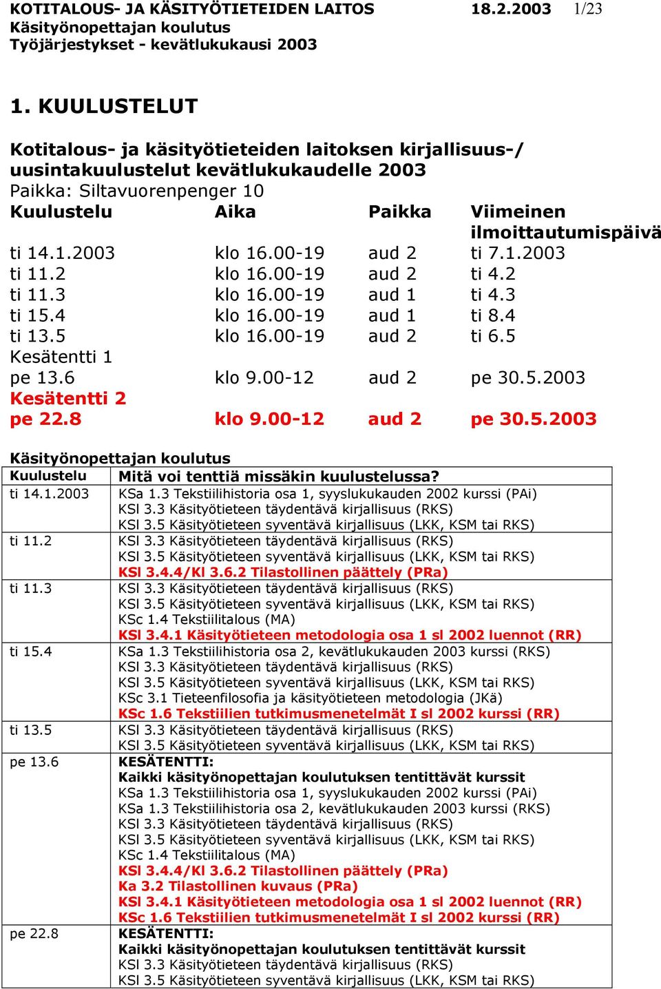 1.2003 klo 16.00-19 aud 2 ti 7.1.2003 ti 11.2 klo 16.00-19 aud 2 ti 4.2 ti 11.3 klo 16.00-19 aud 1 ti 4.3 ti 15.4 klo 16.00-19 aud 1 ti 8.4 ti 13.5 klo 16.00-19 aud 2 ti 6.5 Kesätentti 1 pe 13.