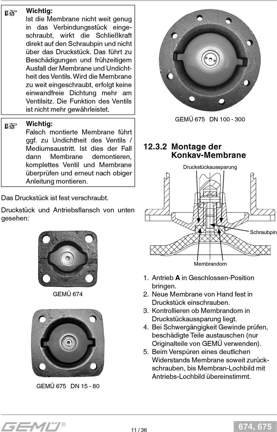 Die Funktion des Ventils ist nicht mehr gewährleistet. + Wichtig: Falsch montierte Membrane führt ggf. zu Undichtheit des Ventils / Mediumsaustritt.