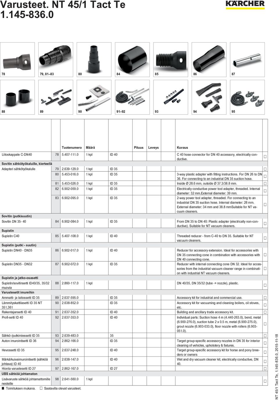 For connecting to an industrial DN 35 suction hose. 81 5.453-026.0 1 kpl ID 35 Inside Ø 28.6 mm, outside Ø 37.3/38.8 mm. 82 6.902-059.