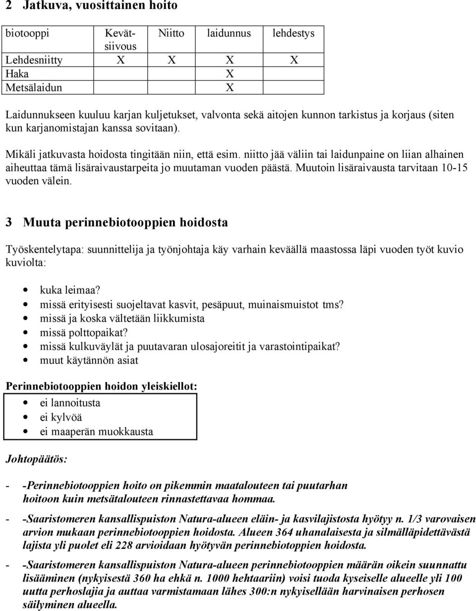 niitto jää väliin tai laidunpaine on liian alhainen aiheuttaa tämä lisäraivaustarpeita jo muutaman vuoden päästä. Muutoin lisäraivausta tarvitaan 10-15 vuoden välein.