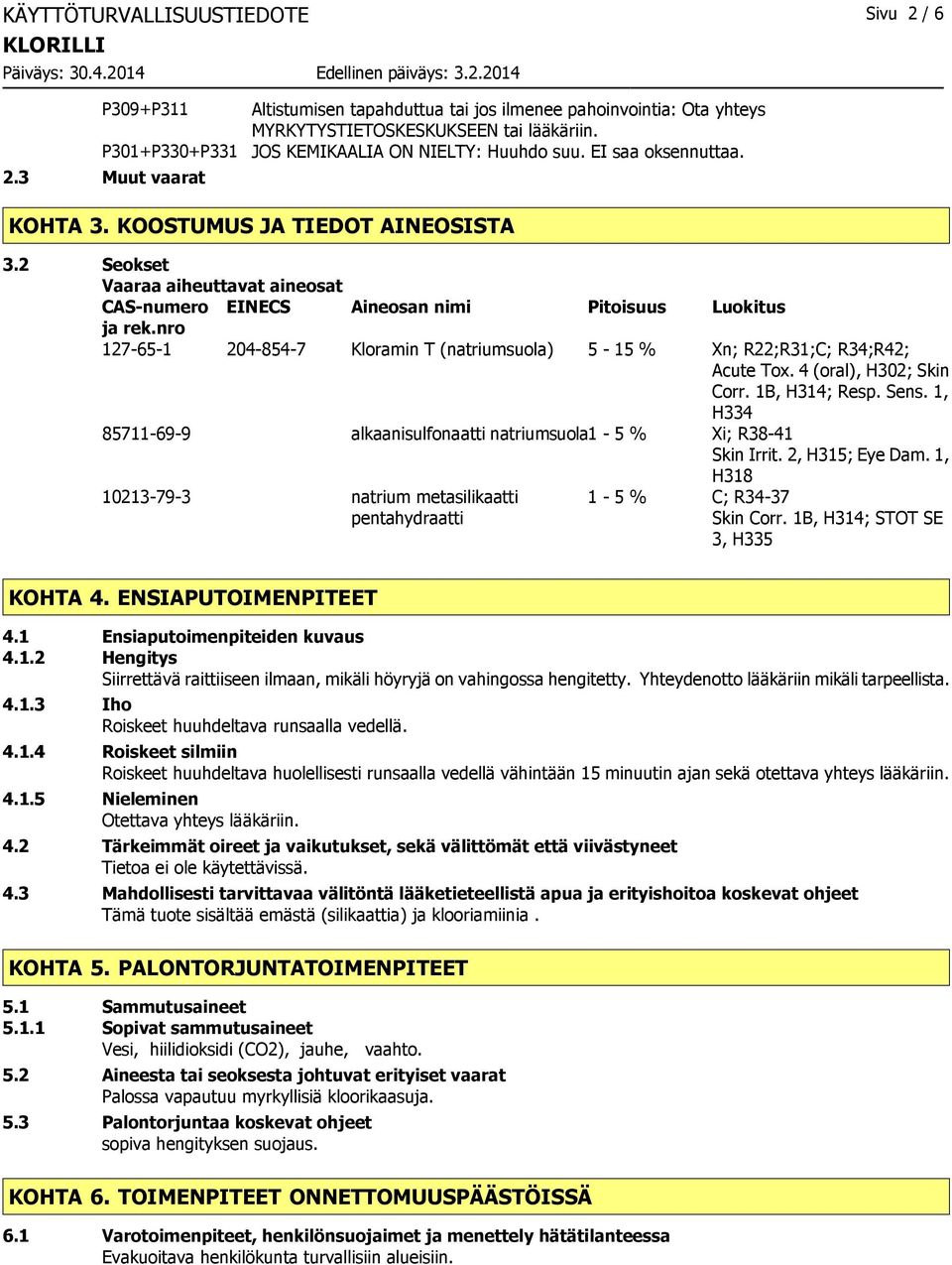 nro 127-65-1 204-854-7 Kloramin T (natriumsuola) 5-15 % Xn; R22;R31;C; R34;R42; Acute Tox. 4 (oral), H302; Skin Corr. 1B, H314; Resp. Sens.