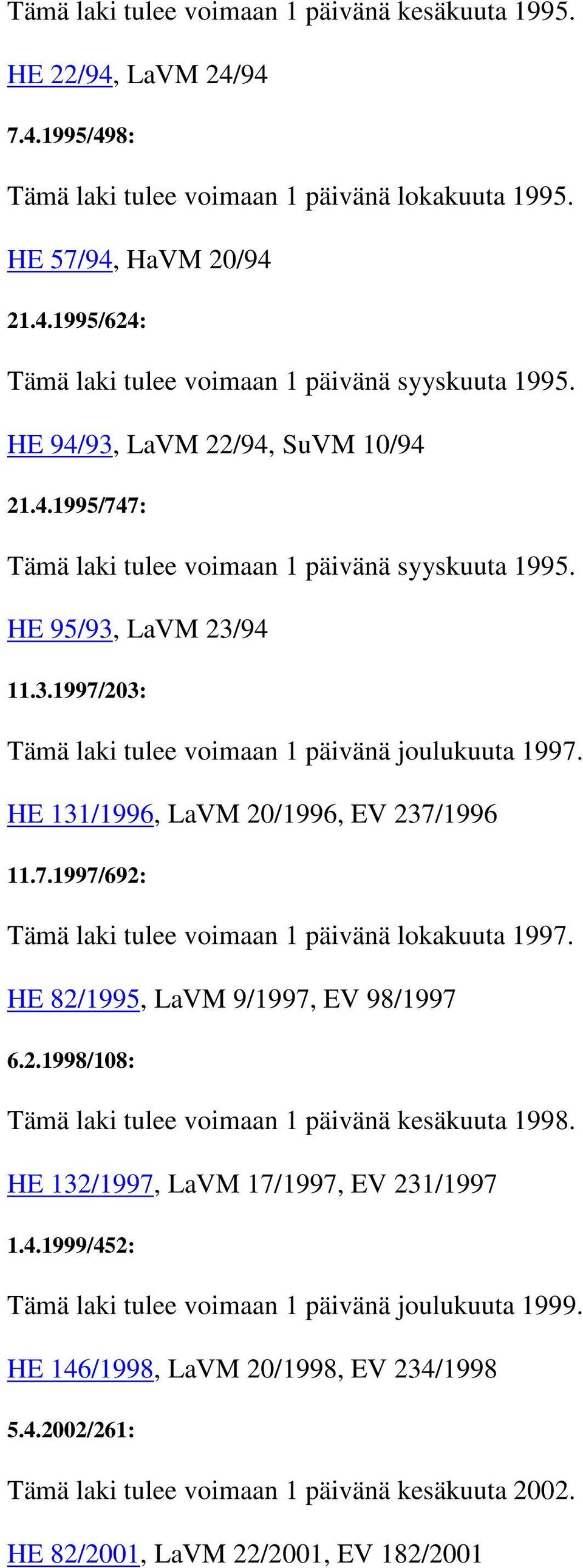 HE 131/1996, LaVM 20/1996, EV 237/1996 11.7.1997/692: Tämä laki tulee voimaan 1 päivänä lokakuuta 1997. HE 82/1995, LaVM 9/1997, EV 98/1997 6.2.1998/108: Tämä laki tulee voimaan 1 päivänä kesäkuuta 1998.