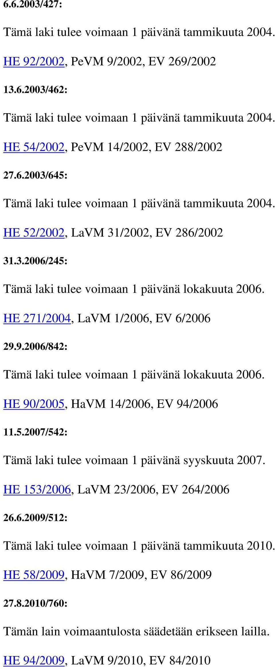 HE 271/2004, LaVM 1/2006, EV 6/2006 29.9.2006/842: Tämä laki tulee voimaan 1 päivänä lokakuuta 2006. HE 90/2005, HaVM 14/2006, EV 94/2006 11.5.2007/542: Tämä laki tulee voimaan 1 päivänä syyskuuta 2007.