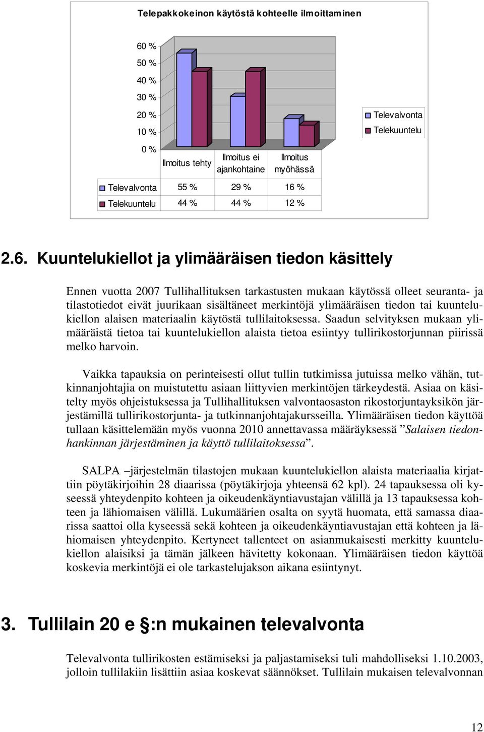 Kuuntelukiellot ja ylimääräisen tiedon käsittely Ennen vuotta 2007 Tullihallituksen tarkastusten mukaan käytössä olleet seuranta- ja tilastotiedot eivät juurikaan sisältäneet merkintöjä ylimääräisen