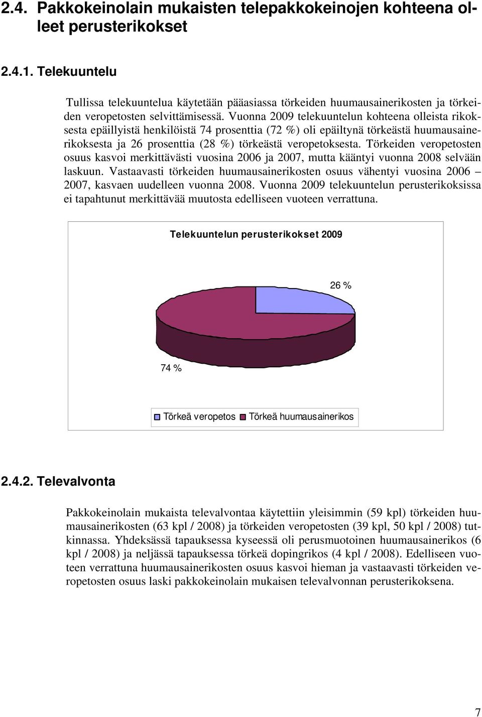 Vuonna 2009 telekuuntelun kohteena olleista rikoksesta epäillyistä henkilöistä 74 prosenttia (72 %) oli epäiltynä törkeästä huumausainerikoksesta ja 26 prosenttia (28 %) törkeästä veropetoksesta.