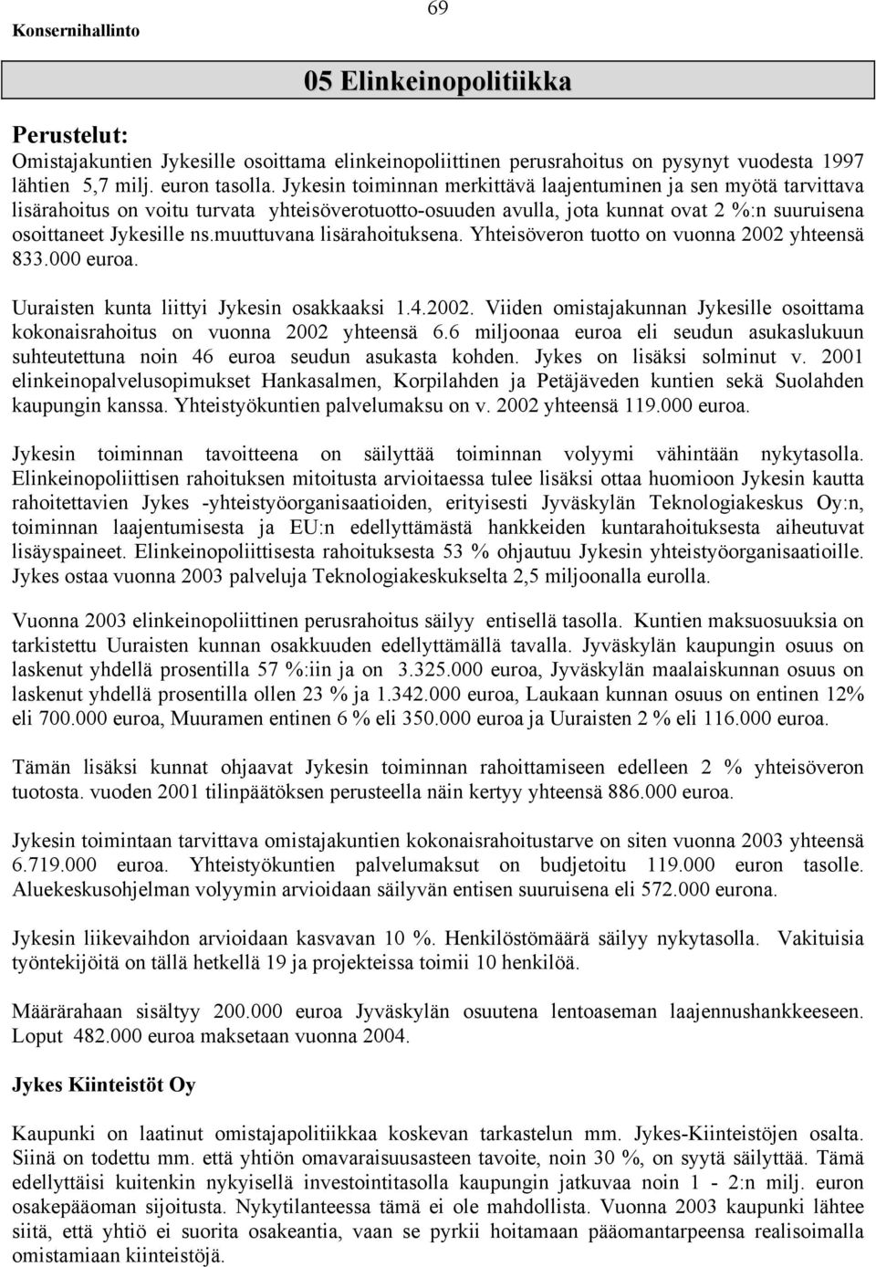 muuttuvana lisärahoituksena. Yhteisöveron tuotto on vuonna 2002 yhteensä 833.000 euroa. Uuraisten kunta liittyi Jykesin osakkaaksi 1.4.2002. Viiden omistajakunnan Jykesille osoittama kokonaisrahoitus on vuonna 2002 yhteensä 6.
