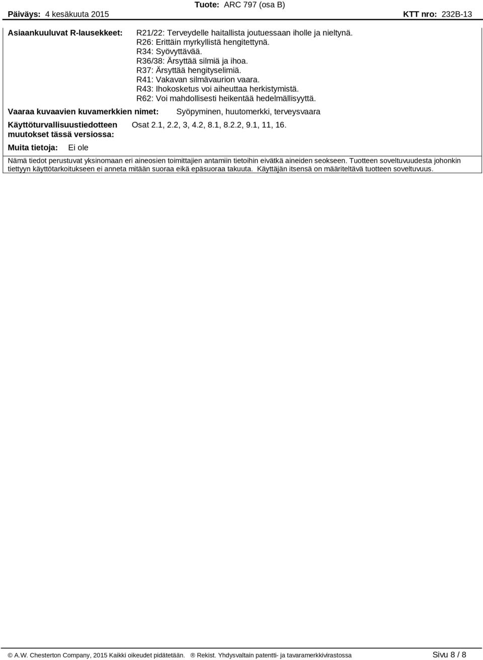 Vaaraa kuvaavien kuvamerkkien nimet: Syöpyminen, huutomerkki, terveysvaara Käyttöturvallisuustiedotteen muutokset tässä versiossa: Osat 2.1, 2.2, 3, 4.2, 8.1, 8.2.2, 9.1, 11, 16.