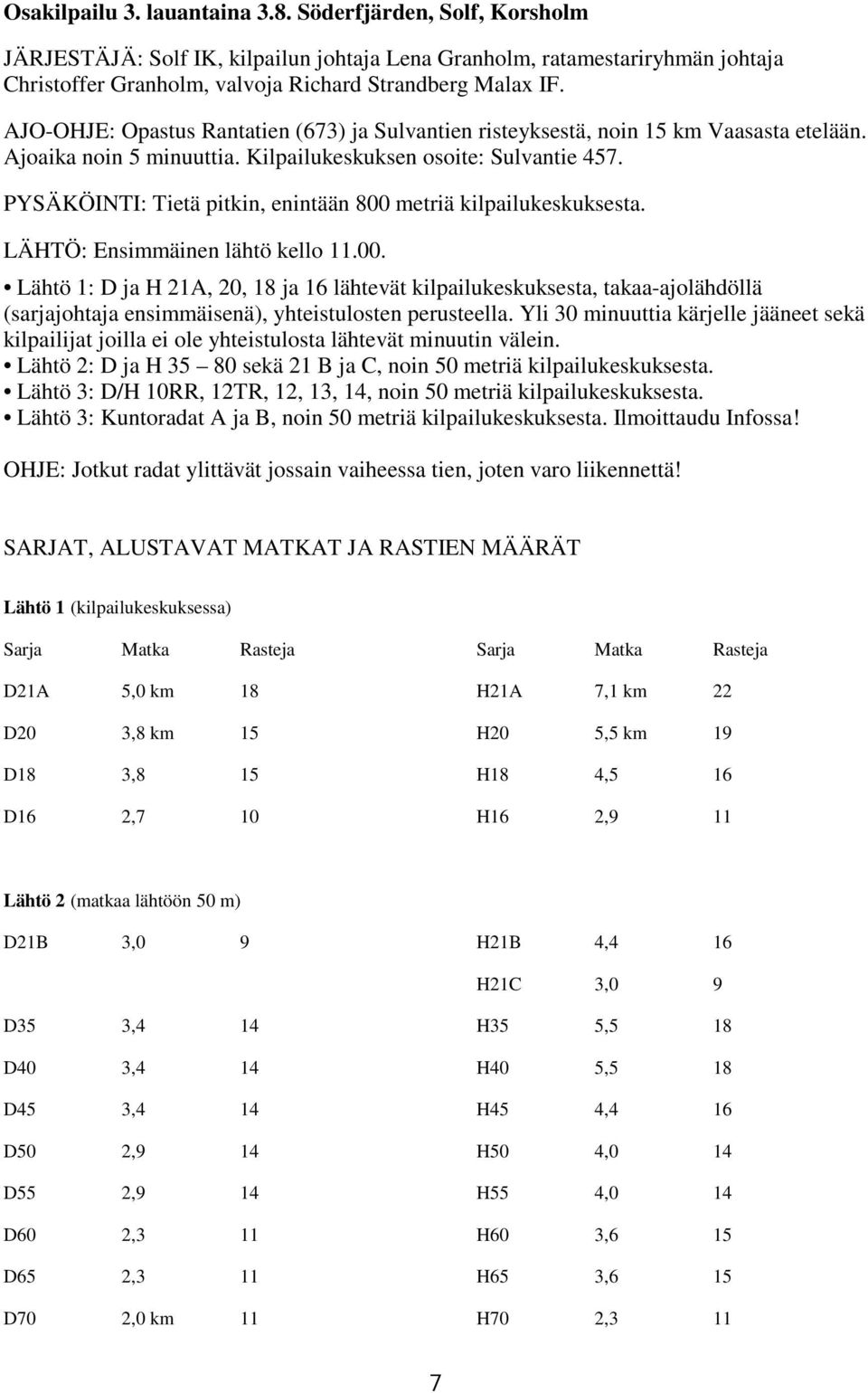 PYSÄKÖINTI: Tietä pitkin, enintään 800 metriä kilpailukeskuksesta. LÄHTÖ: Ensimmäinen lähtö kello 11.00. Lähtö 1: D ja H 21A, 20, 18 ja 16 lähtevät kilpailukeskuksesta, takaa-ajolähdöllä (sarjajohtaja ensimmäisenä), yhteistulosten perusteella.