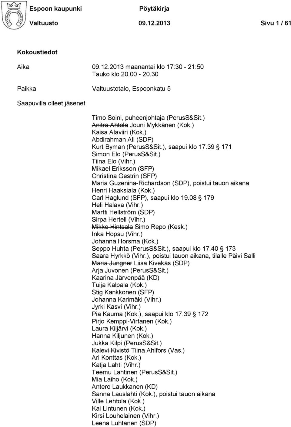 ) Abdirahman Ali (SDP) Kurt Byman (PerusS&Sit.), saapui klo 17.39 171 Simon Elo (PerusS&Sit.) Tiina Elo (Vihr.
