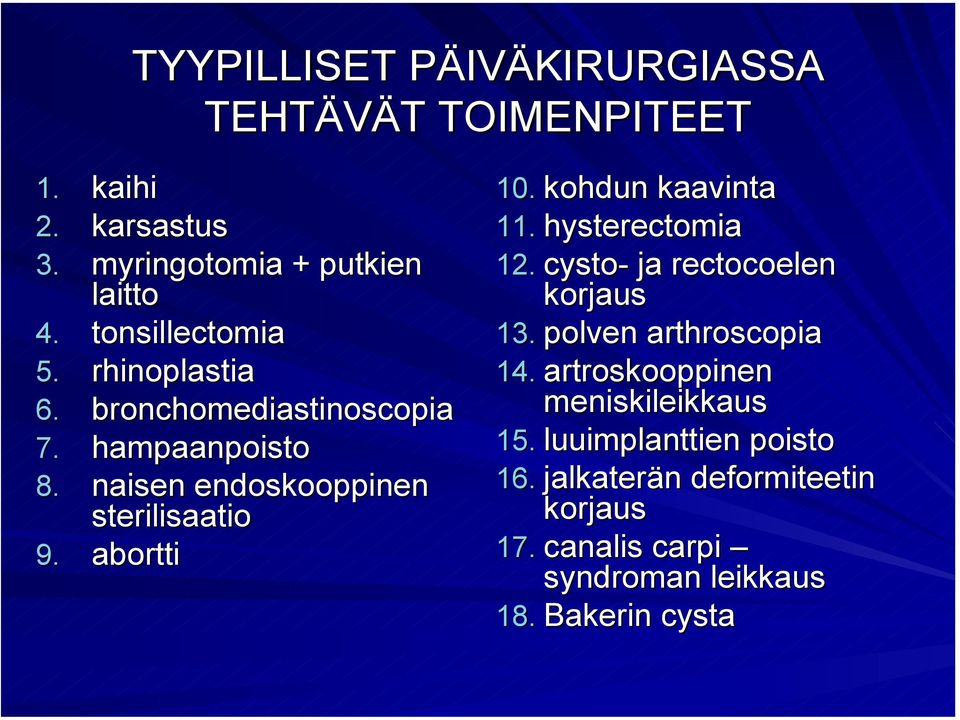 abortti 10. kohdun kaavinta 11. hysterectomia 12. cysto- ja rectocoelen korjaus 13. polven arthroscopia 14.