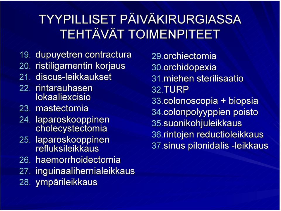 laparoskooppinen refluksileikkaus 26. haemorrhoidectomia 27. inguinaalihernialeikkaus 28. ympärileikkaus 29.orchiectomia 30.