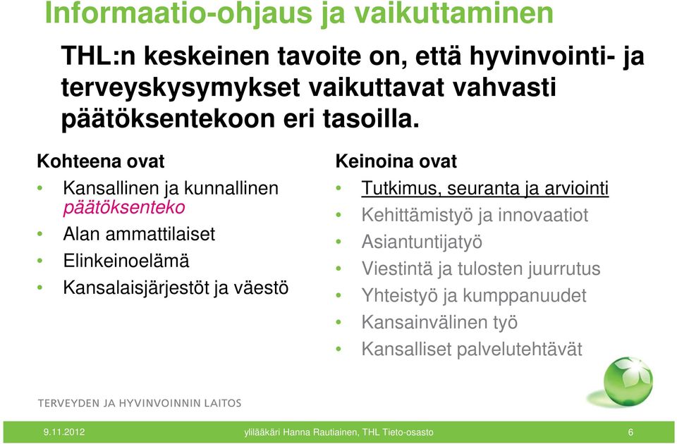 Kohteena ovat Kansallinen ja kunnallinen päätöksenteko Alan ammattilaiset Elinkeinoelämä Kansalaisjärjestöt ja väestö Keinoina ovat