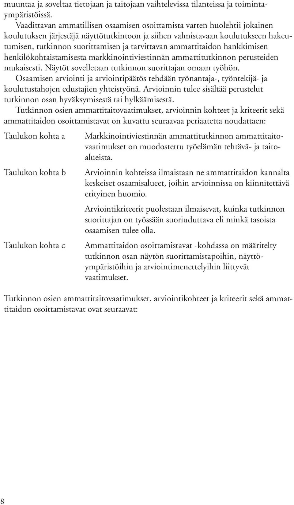 tarvittavan ammattitaidon hankkimisen henkilökohtaistamisesta markkinointiviestinnän ammattitutkinnon perusteiden mukaisesti. Näytöt sovelletaan tutkinnon suorittajan omaan työhön.