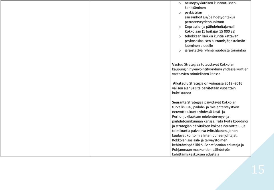 Aikataulu Strategia n vimassa 2012-2016 välisen ajan ja sitä päivitetään vusittain huhtikuussa Seuranta Strategiaa päivittävät Kkklan turvallisuus-, päihde- ja mielenterveystyön neuvttelukunta