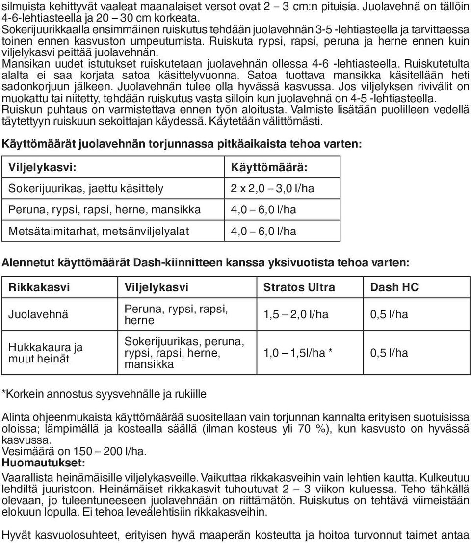 Ruiskuta rypsi, rapsi, peruna ja herne ennen kuin viljelykasvi peittää juolavehnän. Mansikan uudet istutukset ruiskutetaan juolavehnän ollessa 4-6 -lehtiasteella.