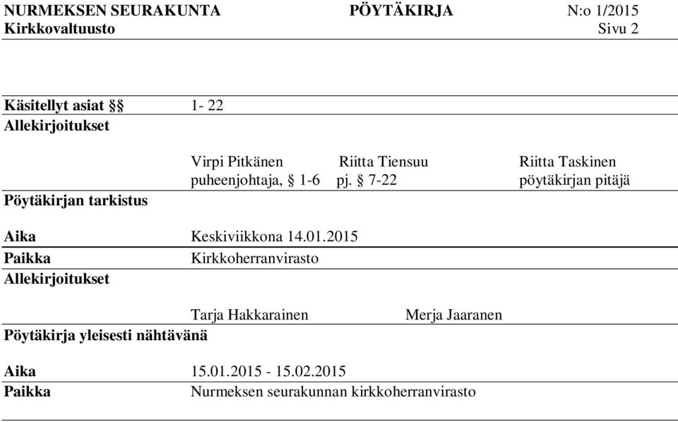 7-22 pöytäkirjan pitäjä Aika Keskiviikkona 14.01.