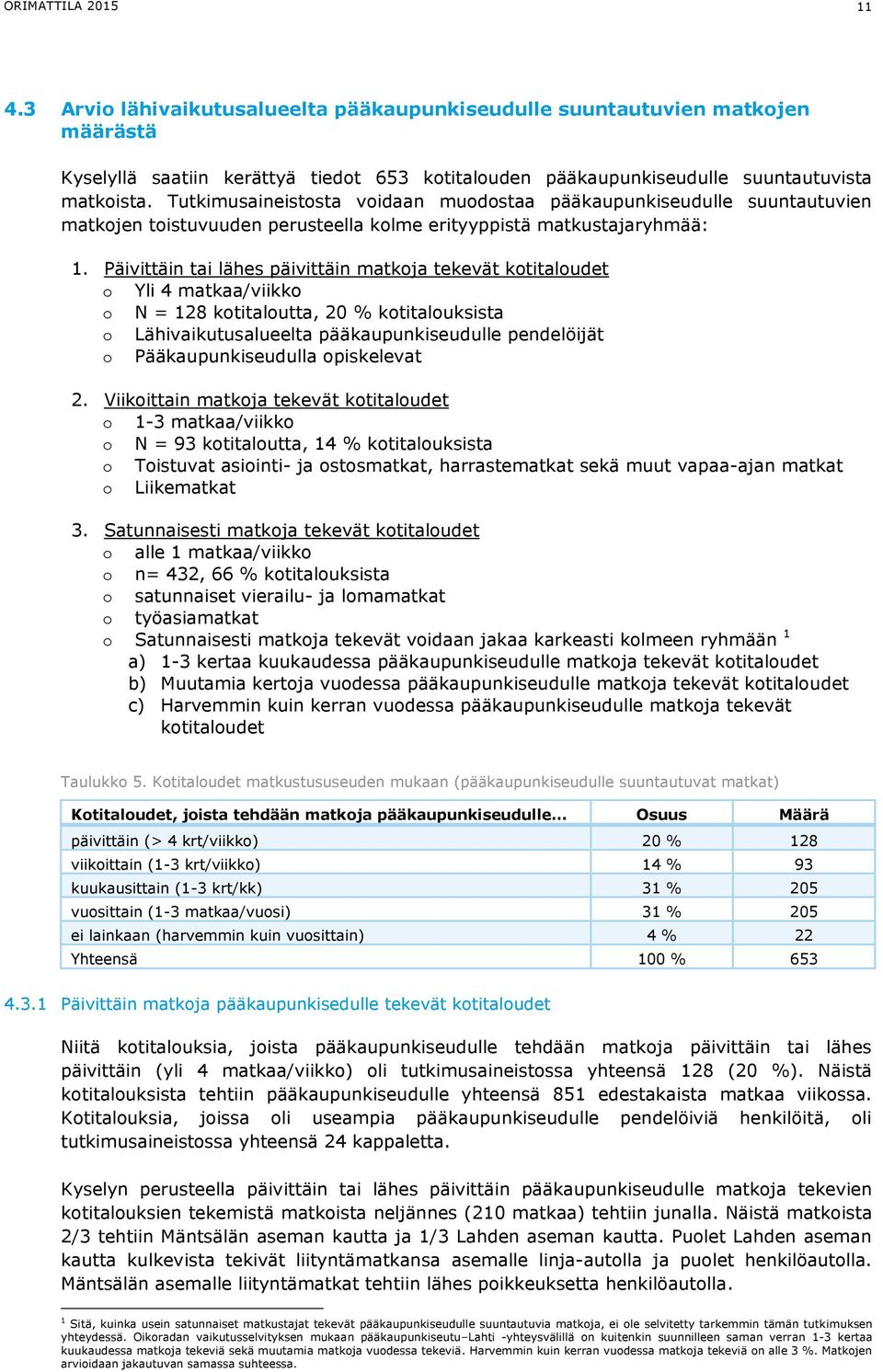 Päivittäin tai lähes päivittäin matkoja tekevät kotitaloudet o Yli 4 matkaa/viikko o N = 128 kotitaloutta, 20 % kotitalouksista o Lähivaikutusalueelta pääkaupunkiseudulle pendelöijät o