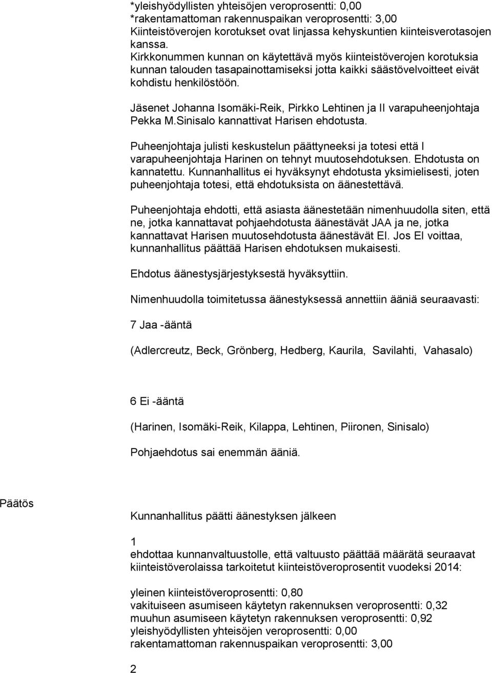Jäsenet Johanna Isomäki-Reik, Pirkko Lehtinen ja II varapuheenjohtaja Pekka M.Sinisalo kannattivat Harisen ehdotusta.