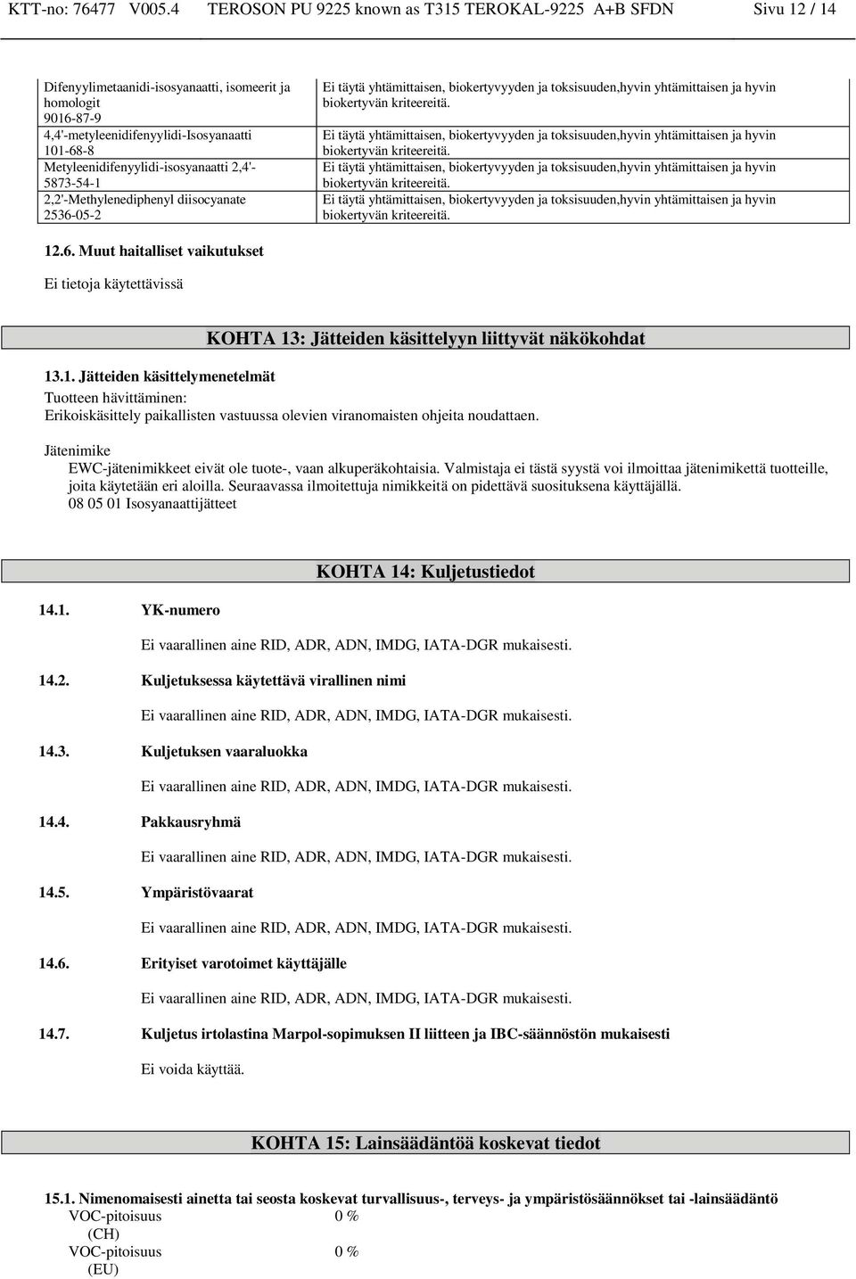 2,2'-Methylenediphenyl diisocyanate 2536-05-2 Ei täytä yhtämittaisen, biokertyvyyden ja toksisuuden,hyvin yhtämittaisen ja hyvin biokertyvän kriteereitä.