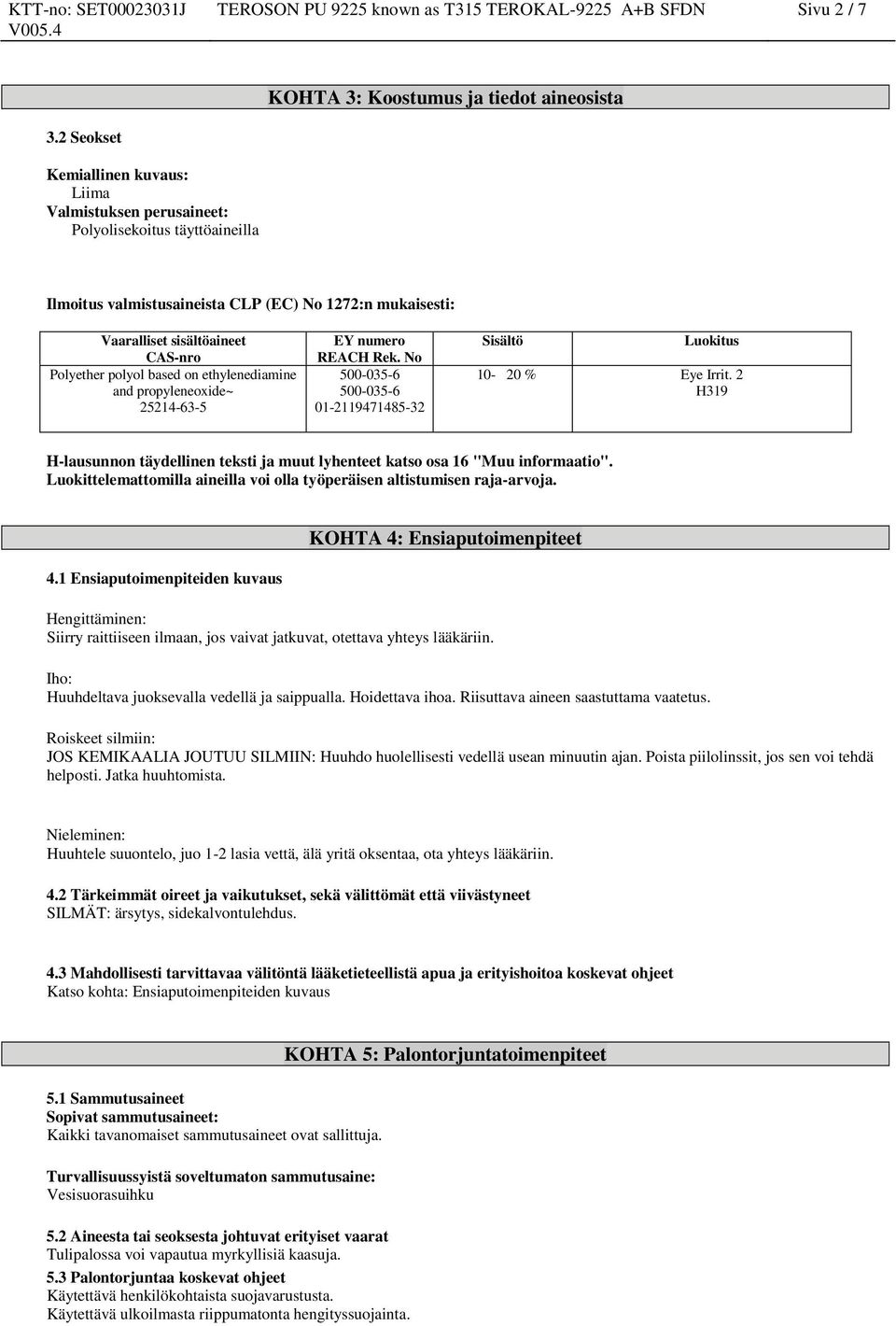 propyleneoxide~ 25214-63-5 EY numero REACH Rek. No 500-035-6 500-035-6 01-2119471485-32 Sisältö Luokitus 10-20 % Eye Irrit.