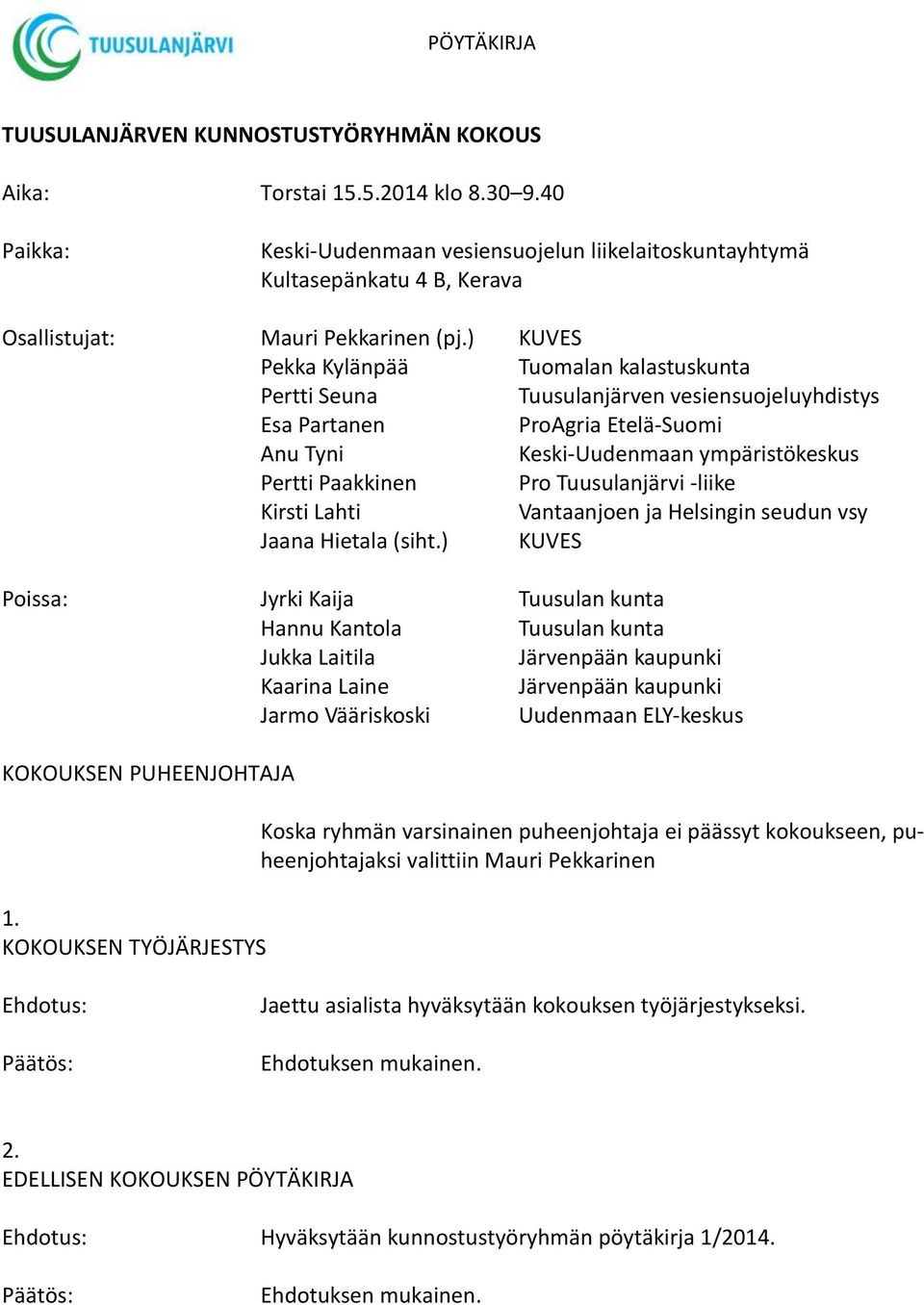 ) KUVES Pekka Kylänpää Tuomalan kalastuskunta Pertti Seuna Tuusulanjärven vesiensuojeluyhdistys Esa Partanen ProAgria Etelä-Suomi Anu Tyni Keski-Uudenmaan ympäristökeskus Pertti Paakkinen Pro