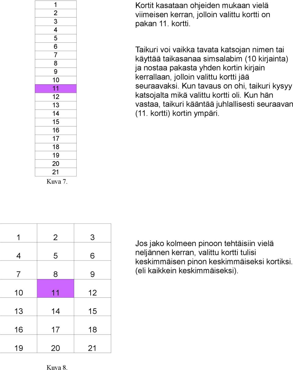 Taikuri voi vaikka tavata katsojan nimen tai käyttää taikasanaa simsalabim (10 kirjainta) ja nostaa pakasta yhden kortin kirjain kerrallaan, jolloin valittu kortti