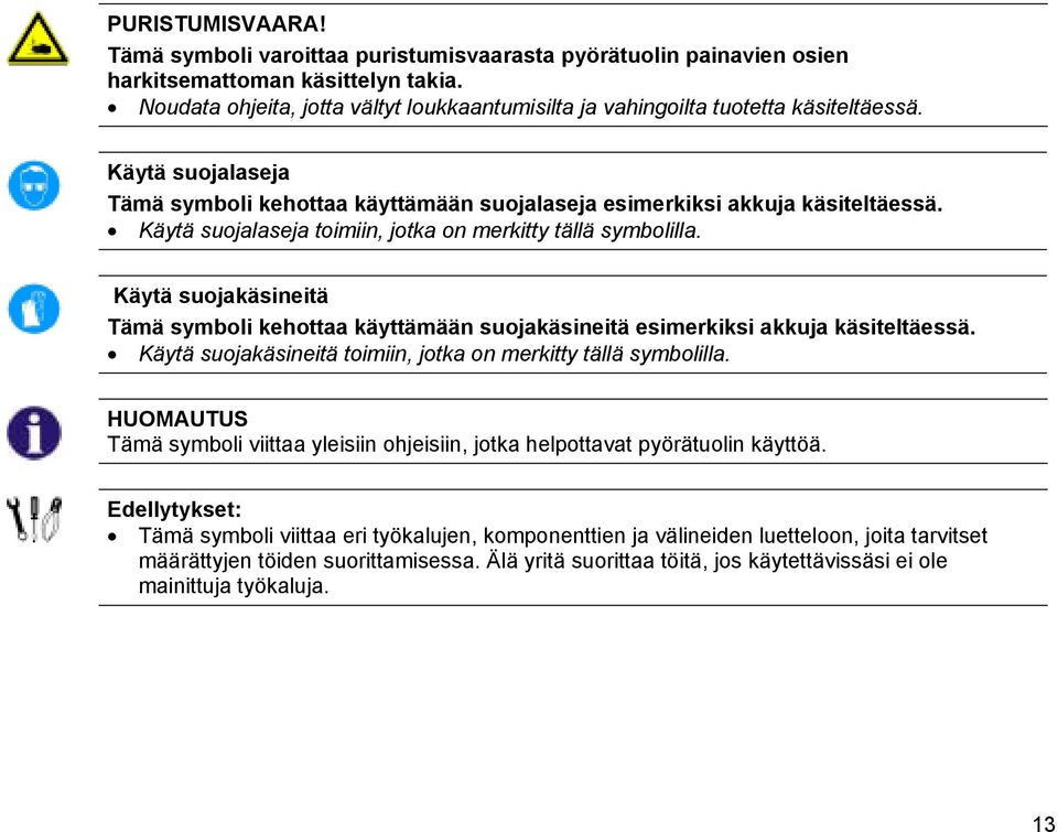 Käytä suojalaseja toimiin, jotka on merkitty tällä symbolilla. Käytä suojakäsineitä Tämä symboli kehottaa käyttämään suojakäsineitä esimerkiksi akkuja käsiteltäessä.