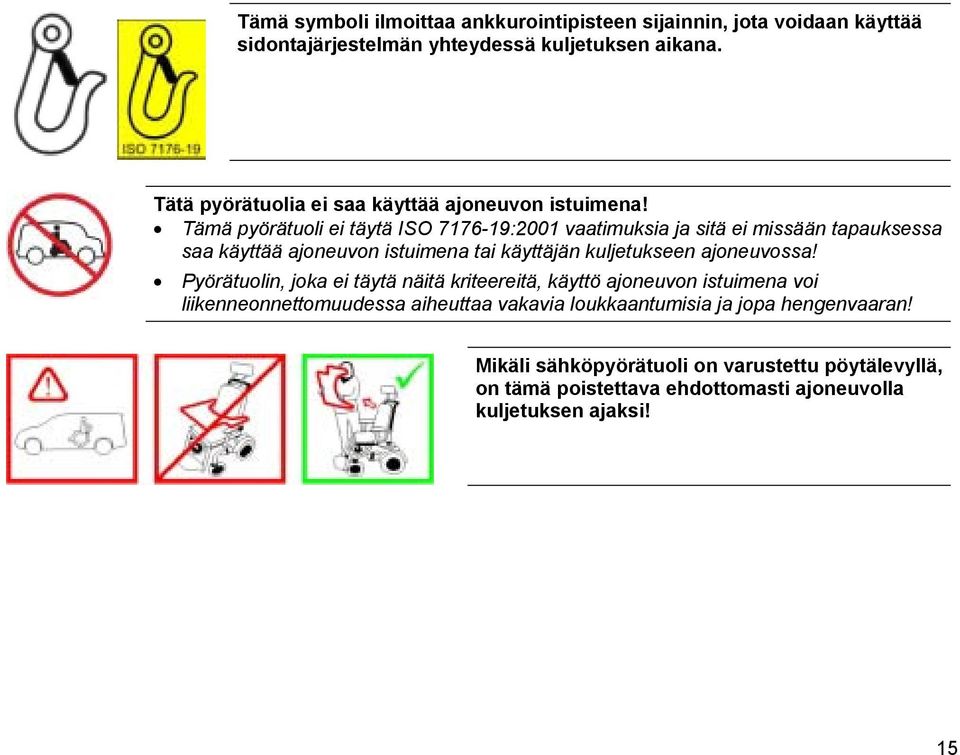 Tämä pyörätuoli ei täytä ISO 7176-19:2001 vaatimuksia ja sitä ei missään tapauksessa saa käyttää ajoneuvon istuimena tai käyttäjän kuljetukseen