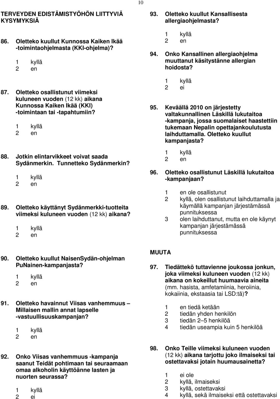 Oletteko käyttänyt Sydänmerkki-tuotteita viimeksi kuluneen vuoden (12 kk) aikana? 93. Oletteko kuullut Kansallisesta allergiaohjelmasta? 94.