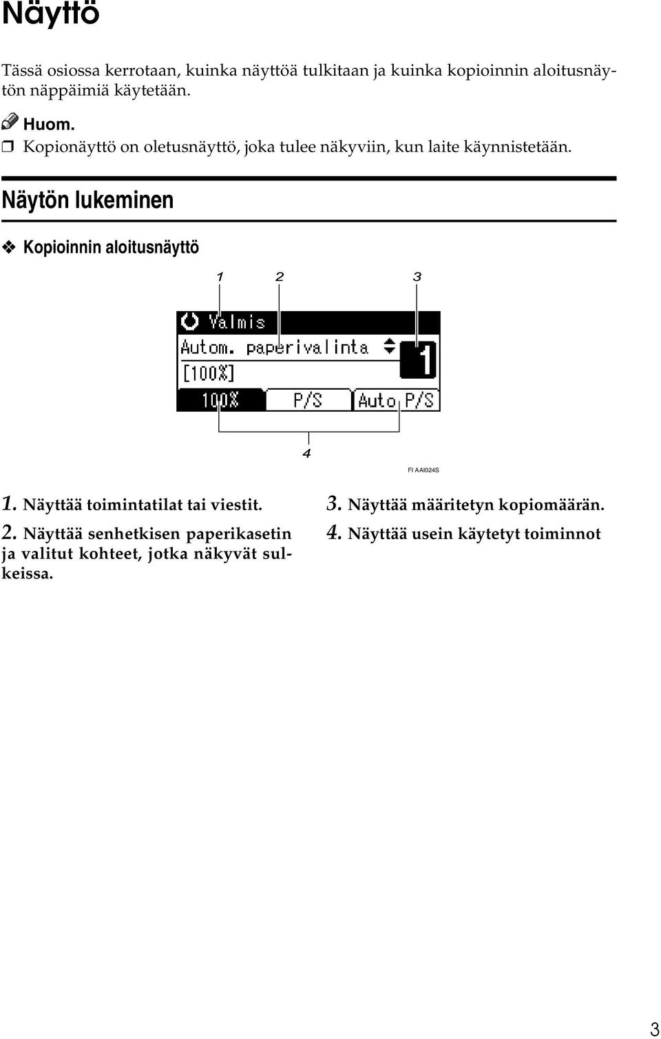 Näytön lukeminen Kopioinnin aloitusnäyttö AAX04S FI AAI04S 1. Näyttää toimintatilat tai viestit.