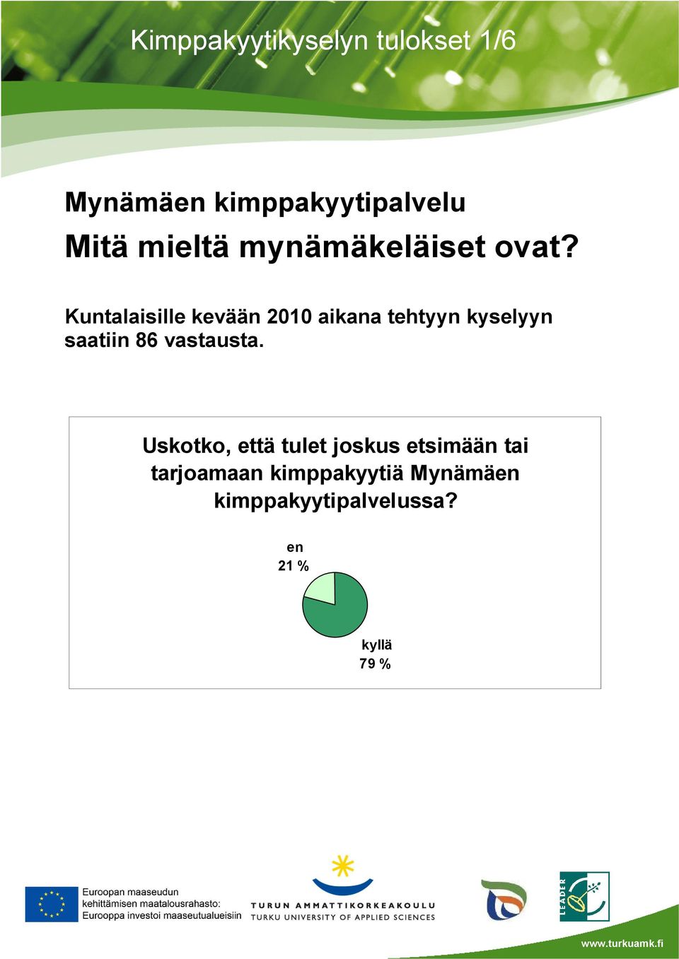 Kuntalaisille kevään 2010 aikana tehtyyn kyselyyn saatiin 86