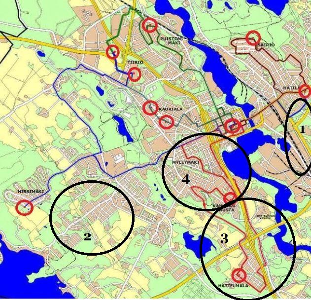 Kuva 5. Vanhareitti johon lisätty muutos alueet (Matias Kortesoja 2013: Palveluliikenne kanta-hämeenlinnassa).