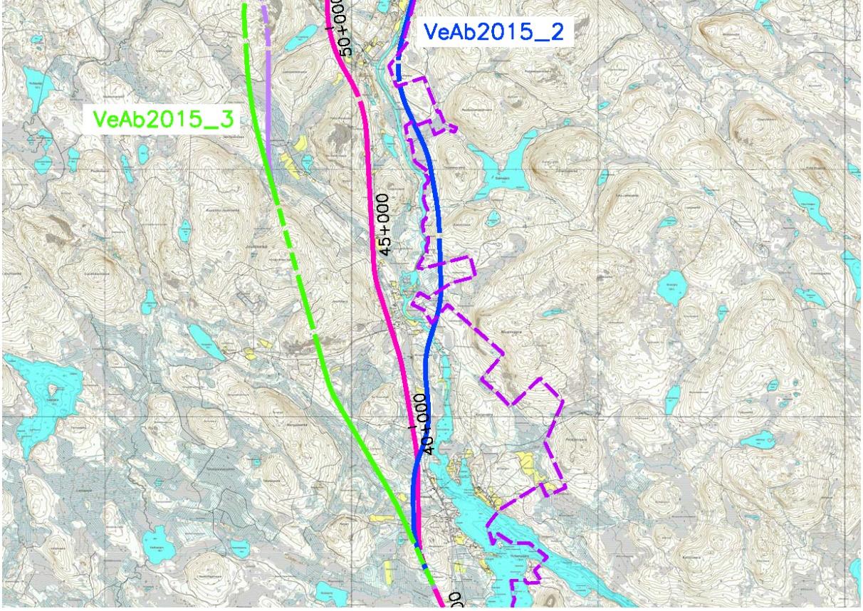 10 (20) Rovaniemen ja Itä-Lapin maakuntakaavan ratayhteysselvityksen täydennys 30.10.2015 Ylinamman ja Tiaisen kohdan uudet linjausvaihtoehdot verrattuna vuoden 2014 linjaukseen on esitetty kuvassa 1.
