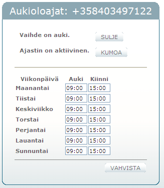 23.8.2011 23 (52) Aukioloaikoja muutetaan syöttämällä halutut alku- ja loppuajat niille varattuihin kenttiin. Ajastimen tulee olla aktiivinen, jotta alku- ja loppuaikoja voi muuttaa.