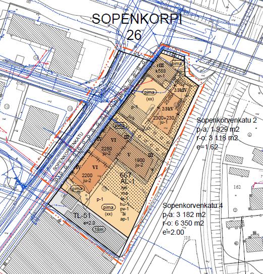 Kaavaluonnosten kuvaus A-2538 (Sopenkorvenkatu 2 4): Kaavaluonnoksessa tontit muutetaan asuin-, liike- ja toimistorakennusten korttelialueeksi (AL-1) ja niillä sallitaan uutta, enintään 6-kerroksista