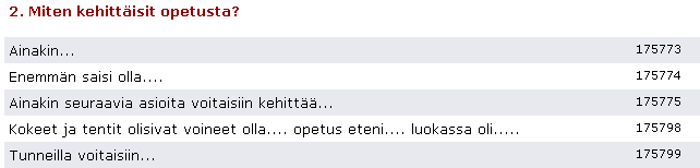 8.1.2 Jakaumat Jakaumissa taulukoihin tulevat lukumäärä- ja prosenttijakaumat sekä keskiarvo ja keskihajonta. 8.1.3 Sanalliset vastaukset Sanalliset vastaukset näkyvät siinä muodossa, kuin vastaajat ovat ne avokysymyksiin kirjoittaneet.