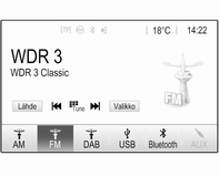 104 Radio Radio Käyttö... 104 Asemahaku... 104 Suosikkiluettelot... 106 Radio data system (RDS)...107 Digitaalinen radiolähetys... 108 Käyttö Radion aktivoiminen Paina ; ja valitse sitten AUDIO.