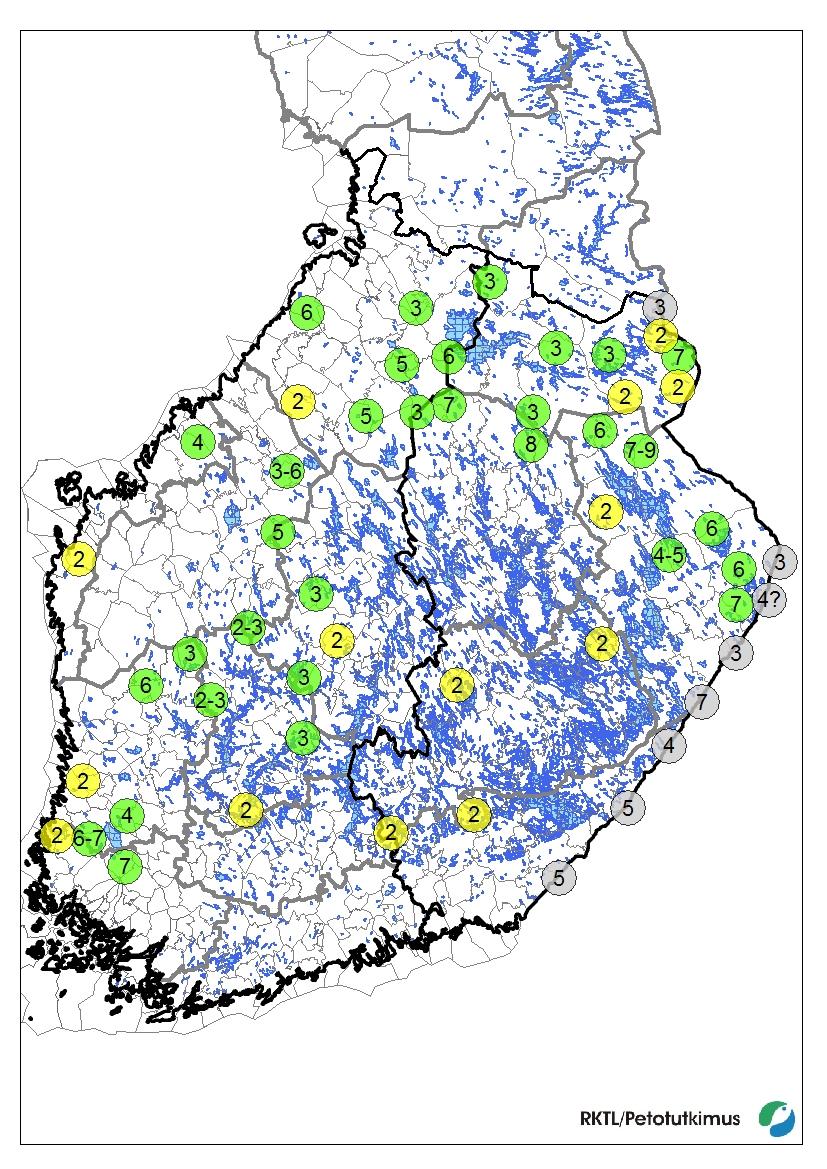 Kuva. Susilaumat ja kahdestaan liikkuvat sudet marras-joulukuussa 2008.