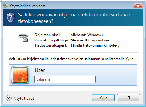 Ennen skannausta (Windows Vista, Windows 7 ja Windows 8) Jos Käyttäjätilien valvonta -näyttö tulee näkyviin, toimi seuraavasti: Käyttäjät, joilla on