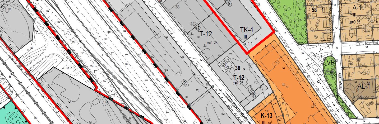 9/13 Ote ajantasa-asemakaavasta, suunnittelualueen rajaus punaisella. Tonttijako ja rekisteri Tontti 609-9-38-10 on merkitty kaupungin kiinteistörekisteriin ja rekisteröity 14.3.1990.