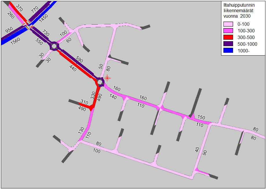 Simulointimallin iltahuipputunnin liikennemäärät vuonna 2030 *Korttelialueiden