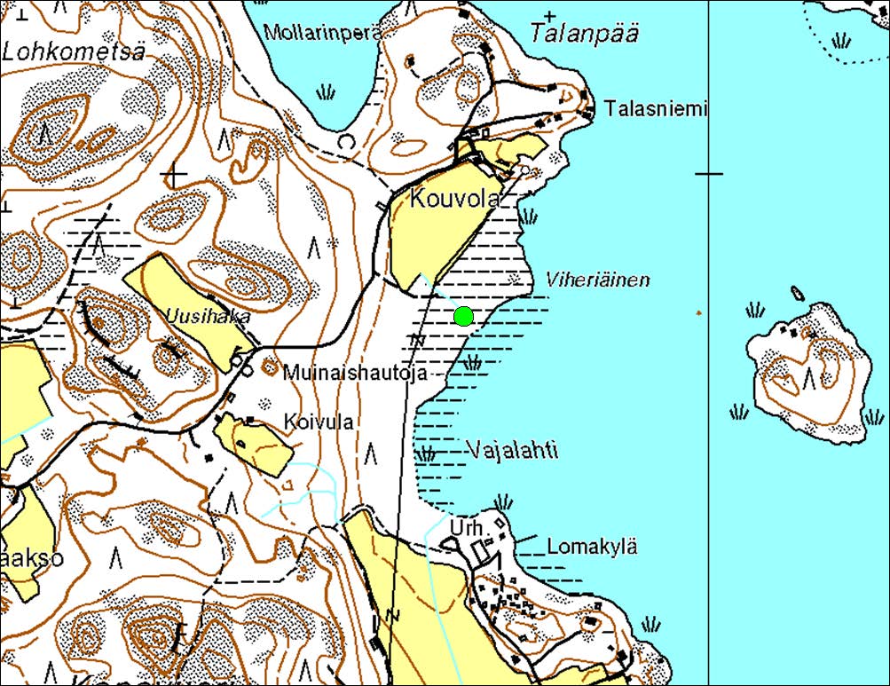 Kuva 10. Viitasammakon kutupaikka (vihreä piste) Merimaskun alueella. pari kuin Mollarinperässä), pajusirkku 3, ruokokerttunen 1, punavarpunen 1. 27.4. runsaasti viitasammakoita. 2. Tammisaarenlahti.