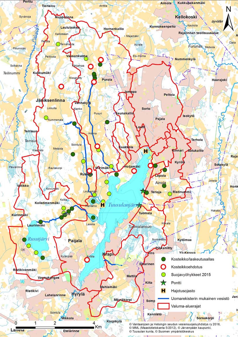 Kuva 11. Tuusulanjärvellä ja valuma alueella toteutettuja vesiensuojelutoimenpiteitä sekä kosteikkoehdotukset Vuorisen ja Nyqvistin (2012) mukaan.