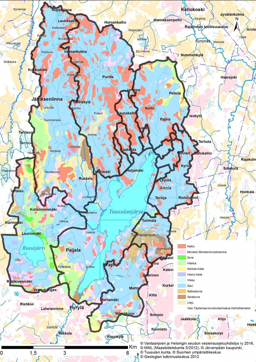 1.2 Valuma alueen maaperä ja korkeuserot Tuusulanjärven valuma alueen pinta ala on 92,95 km 2, josta savimaiden osuus on 52 % (kuva 3).