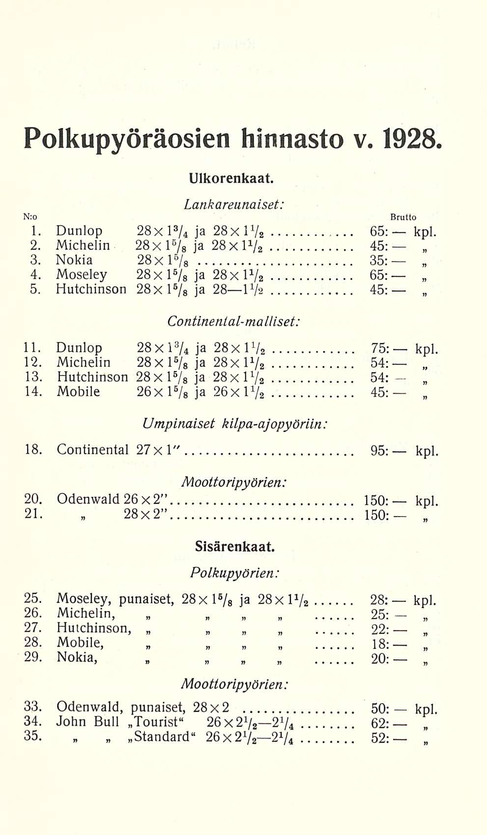 Polkupyöräosien hinnasto v. 1928. N:o Ulkorenkaat. Lankareunaiset: 1. Dunlop 28xl 3 / 4 ja 28xlVa 65: kpl. 2. Michelin 28xl B / 8 ja 28x1V 2 45: 3. Nokia 28x1 B / 8 35: 4.