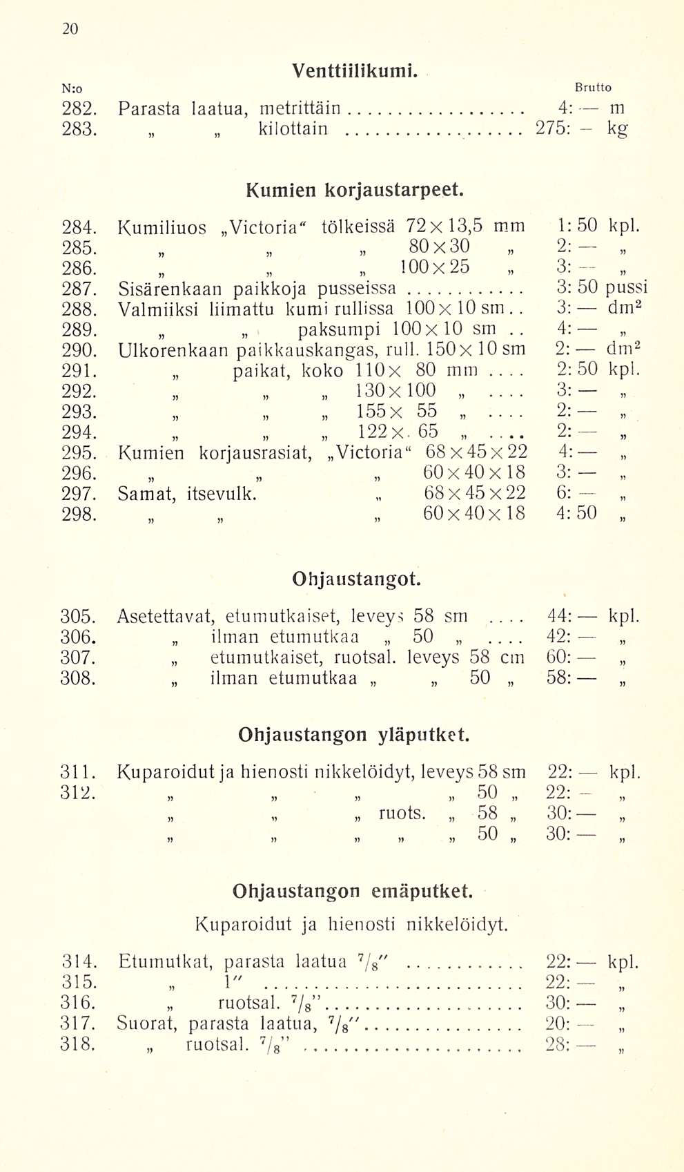 68x45x22 2:50... 2: 44: N:o Venttiilikumi. 282. Parasta laatua, metrittäin 4: m 283. kilottain 275: kg Kumien korjaustarpeet. 284. Kumiliuos..Victoria" tölkeissä 72x 13,5 mm 1:50 kpl. 285.