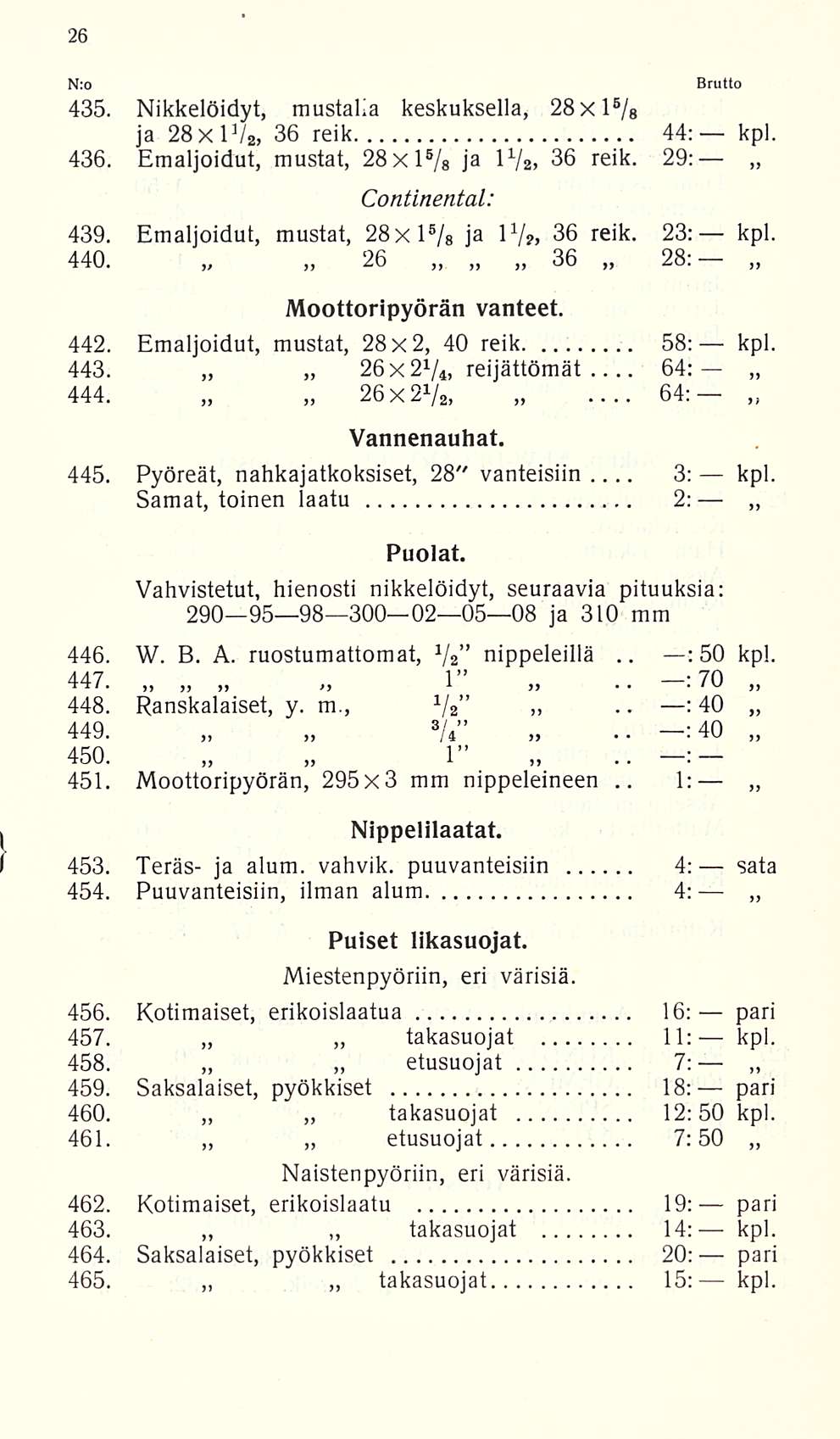 3: 1: Nro 435. Nikkelöidyt, mustalla keskuksella, 28xl 6 /s ja 28X1V2, 36 reik 436. Etnaljoidut, mustat, 28xl 5 / 8 ja IV2, 36 reik. 29: 44: kpl. Continental: 439. Emaljoidut, mustat, 28xl 5 /g ja 1V?